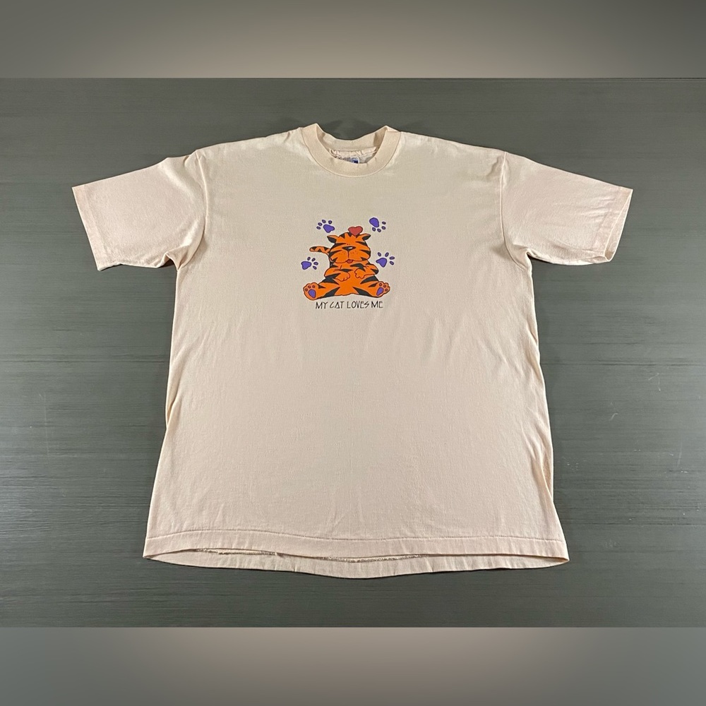 VINTAGE Hanes Shirt Adult Extra Large Orange Purple "My Cat Loves Me" Mens 80s